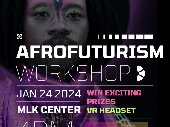 flyer advertising an afrofuturism workshop 1/24/24 4-6pm