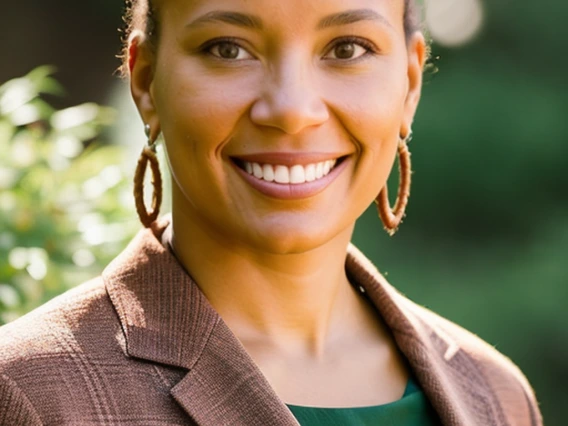 Jamaica in brown blazer and green top, smiling with hair pulled back