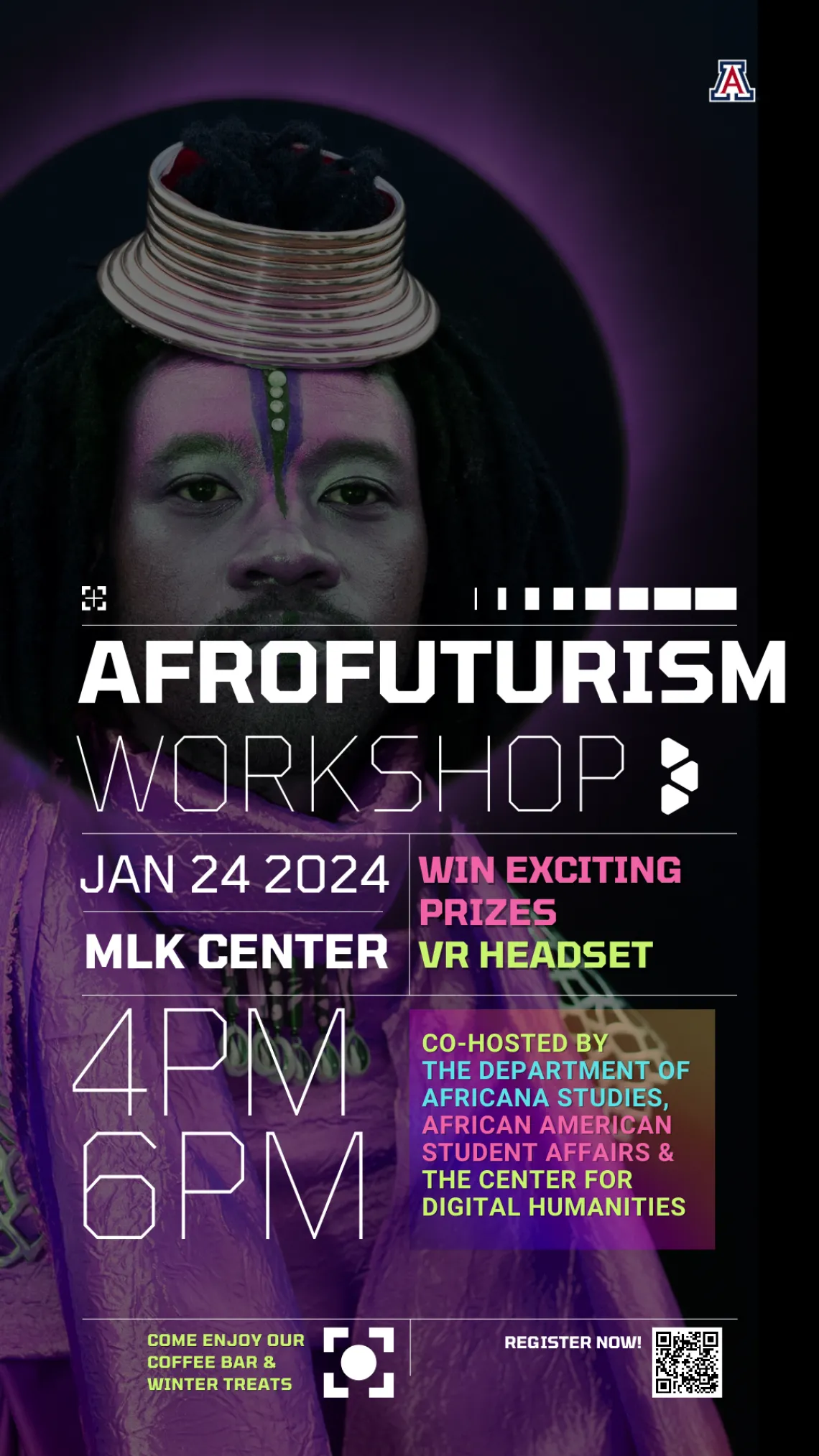 flyer advertising an afrofuturism workshop 1/24/24 4-6pm