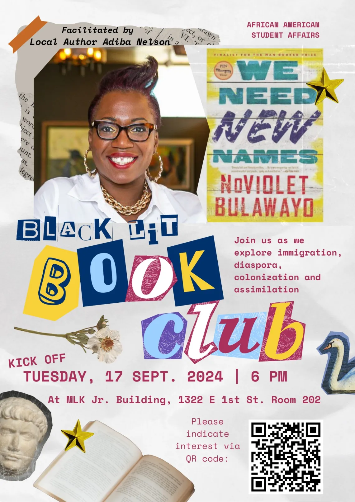 colorful flyer advertising 9.17.24 bookclub at 6pm