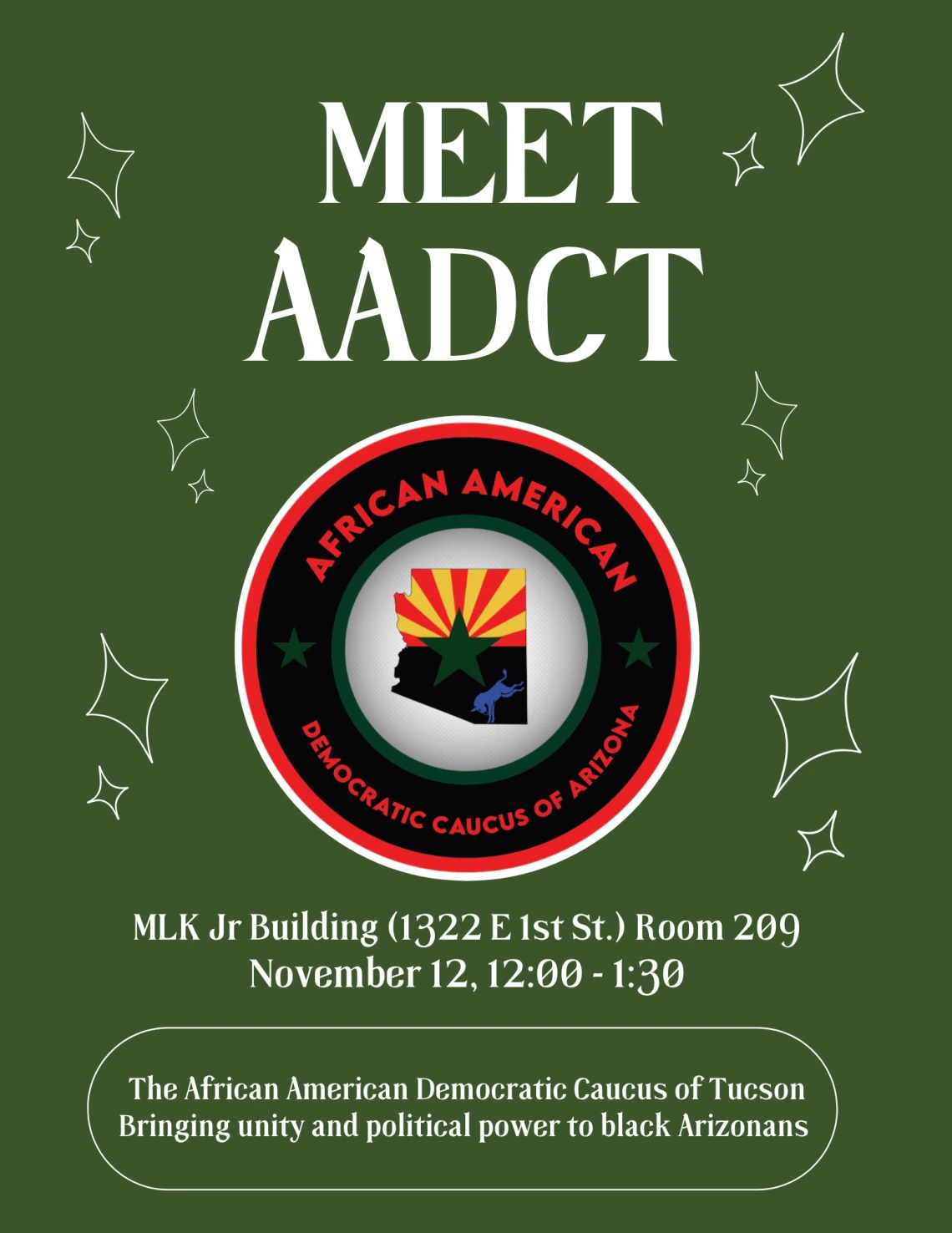 Green flyer with white words that say MEET AADCT