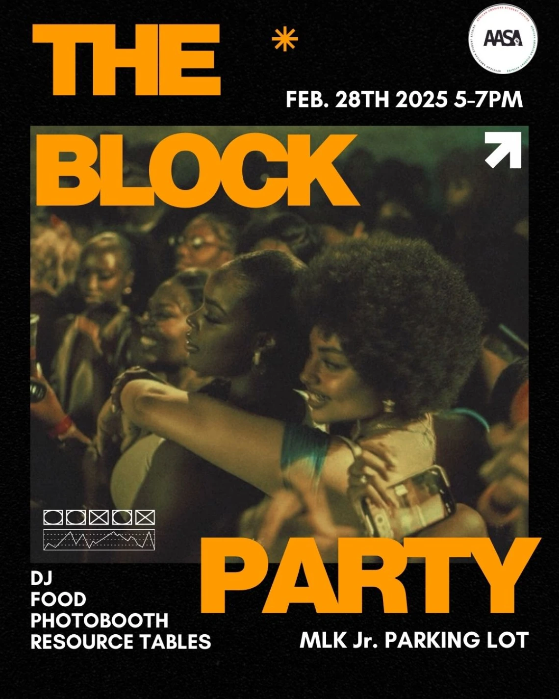 flyer advertising the Block Party Feb. 28th 5-7 MLK parking lot