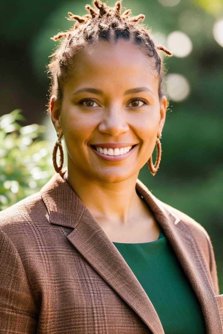 Jamaica in brown blazer and green top, smiling with hair pulled back