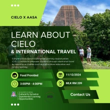 Flyer with different shades of green. Cielo international travel presentation Tuesday Nov 12 from 3pm-4pm